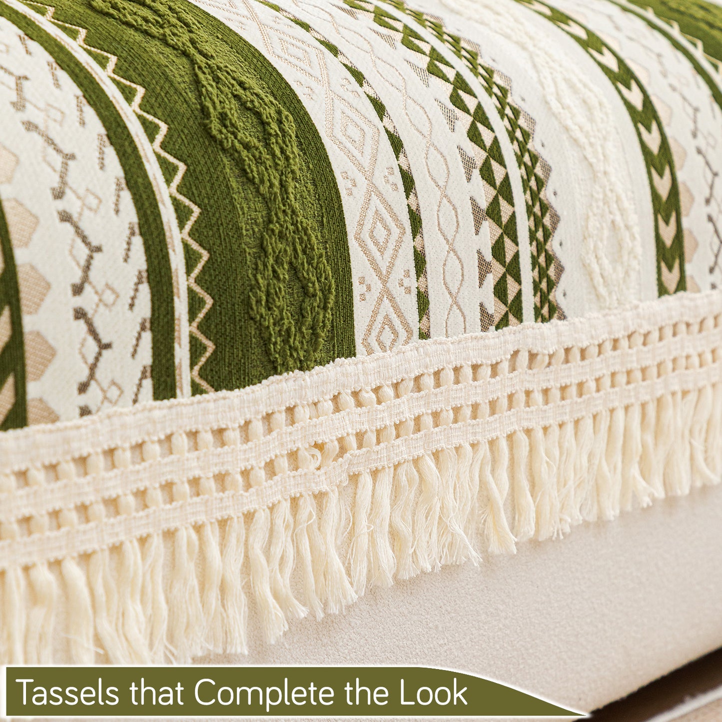 Nordic Boho Geometric Sofa Cover Mat with Tassel, 'Nordic Tassel Series'  Olive Meadow