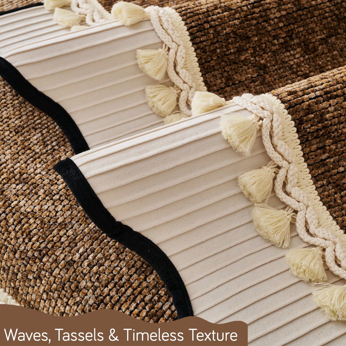 'Wavy Royale Series' Thick Woven Weave Chenille Sofa Cover with Tassel, Chestnut Brown