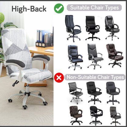 Printed Office Chair Cover for Executive Chair (High-Back) – 140 GSM Stretchable Fabric – Washable & Anti-Slip – Fits Big & Tall Office Chairs, Snow White Black Geometry