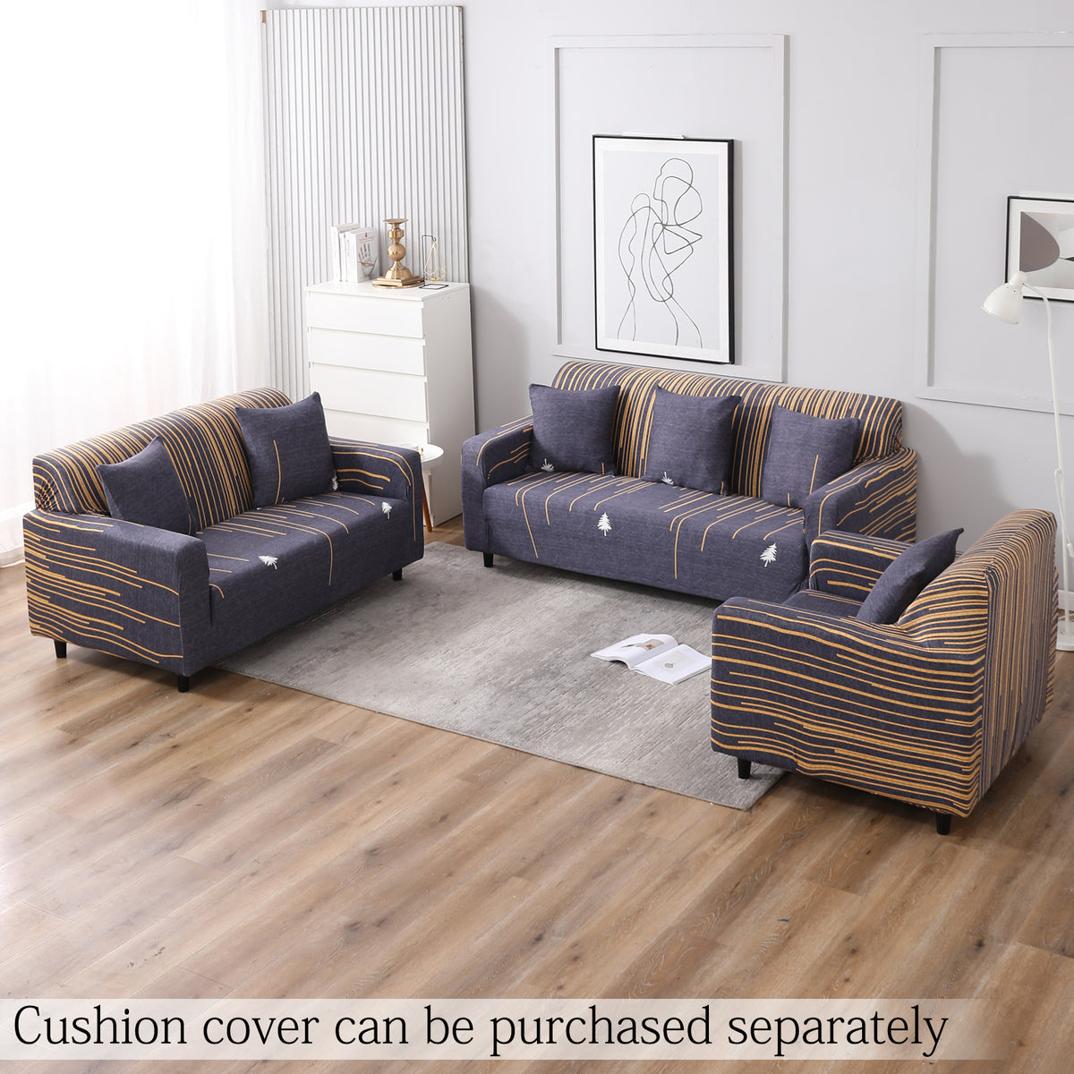 Midnight Blue Lines elastic sofa cover sets for 1,2,3,4,5 & 7 seater sofas