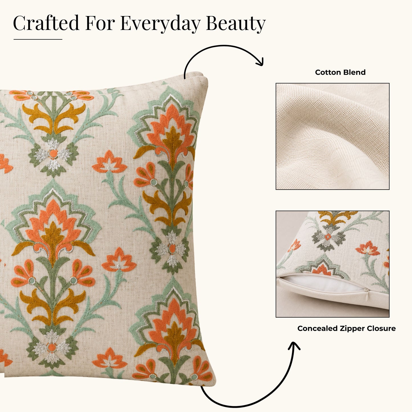 HOKIPO Heritage Bloom Embroidered Cushion Cover 16x16 in, Orange & Ivory