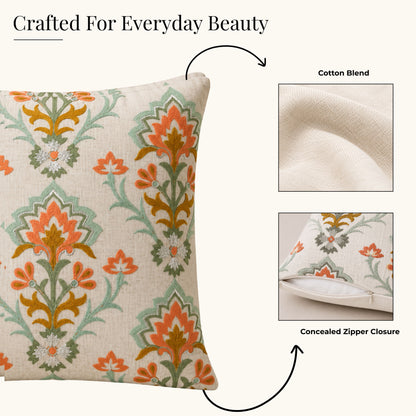 HOKIPO Heritage Bloom Embroidered Cushion Cover 16x16 in, Orange & Ivory
