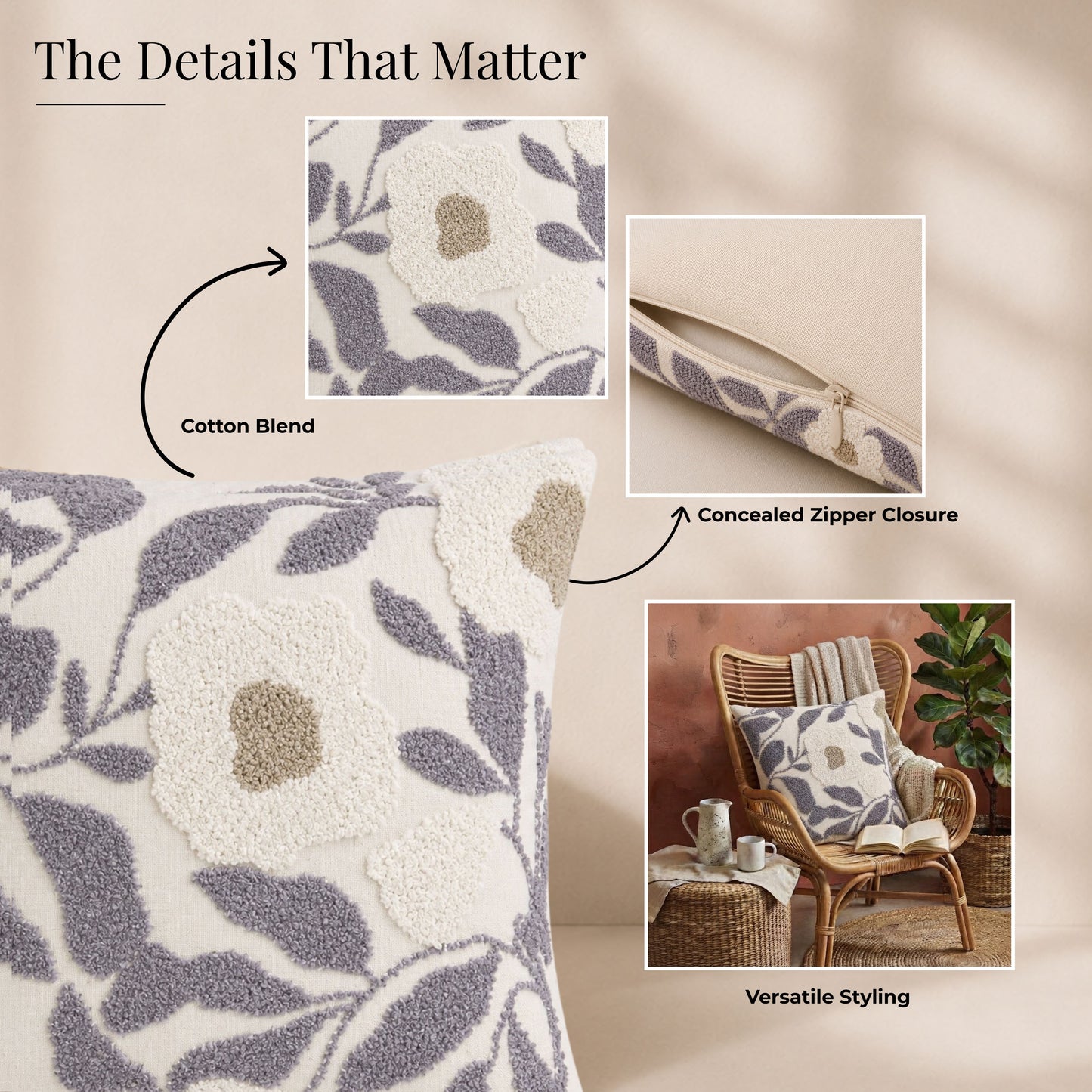 HOKIPO Abstract Floral Tufted Cushion Cover 16x16 Inch for Sofa, Lavender Grey & Ivory
