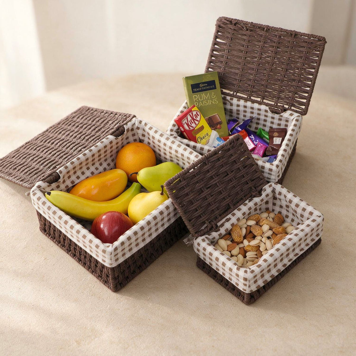 Environmental Friendly Paper Rope Wicker Storage Baskets with lid, Set of 3, Brown