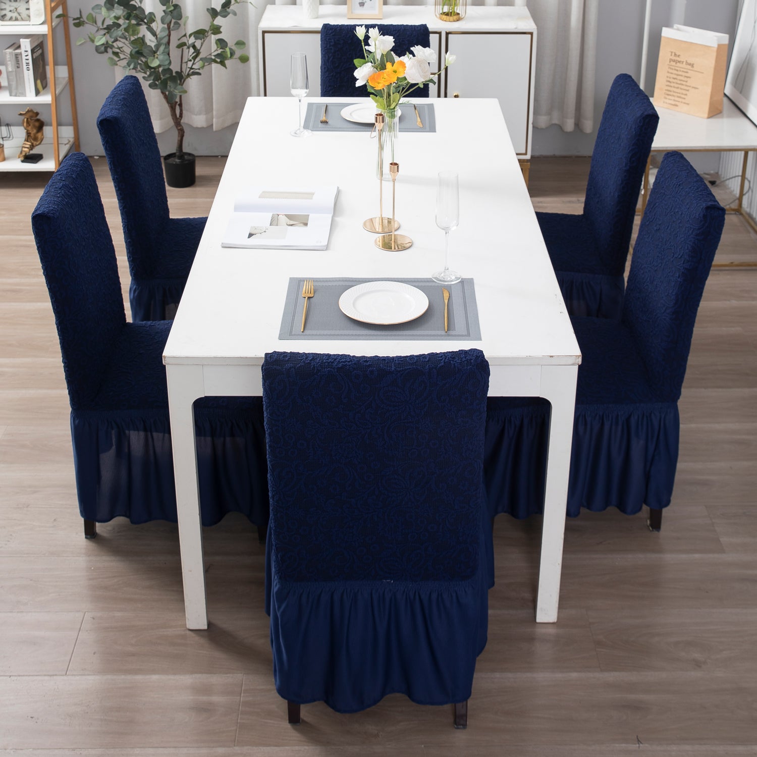 Elastic Stretchable Designer Woven Jacquard Dining Chair Cover with Frill, Navy Blue