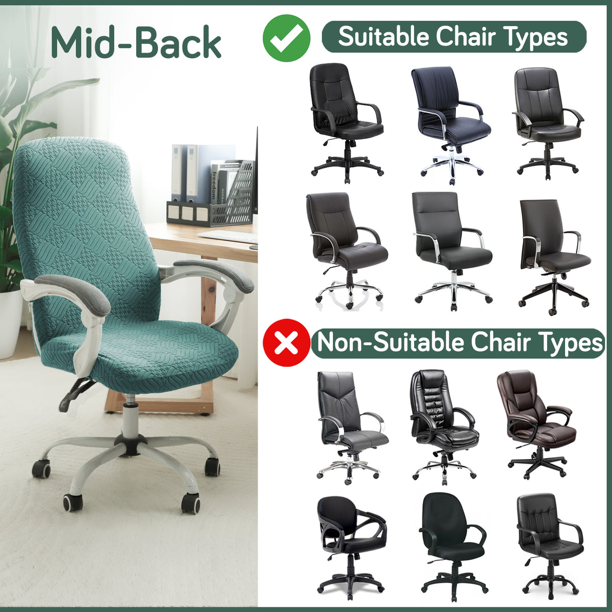 Office Chair Cover for Desk Chair (Mid-Back) – 170 GSM Stretch Jacquard – Washable, Durable & Anti-Slip – Fits Mid-Back Office Chairs, Green