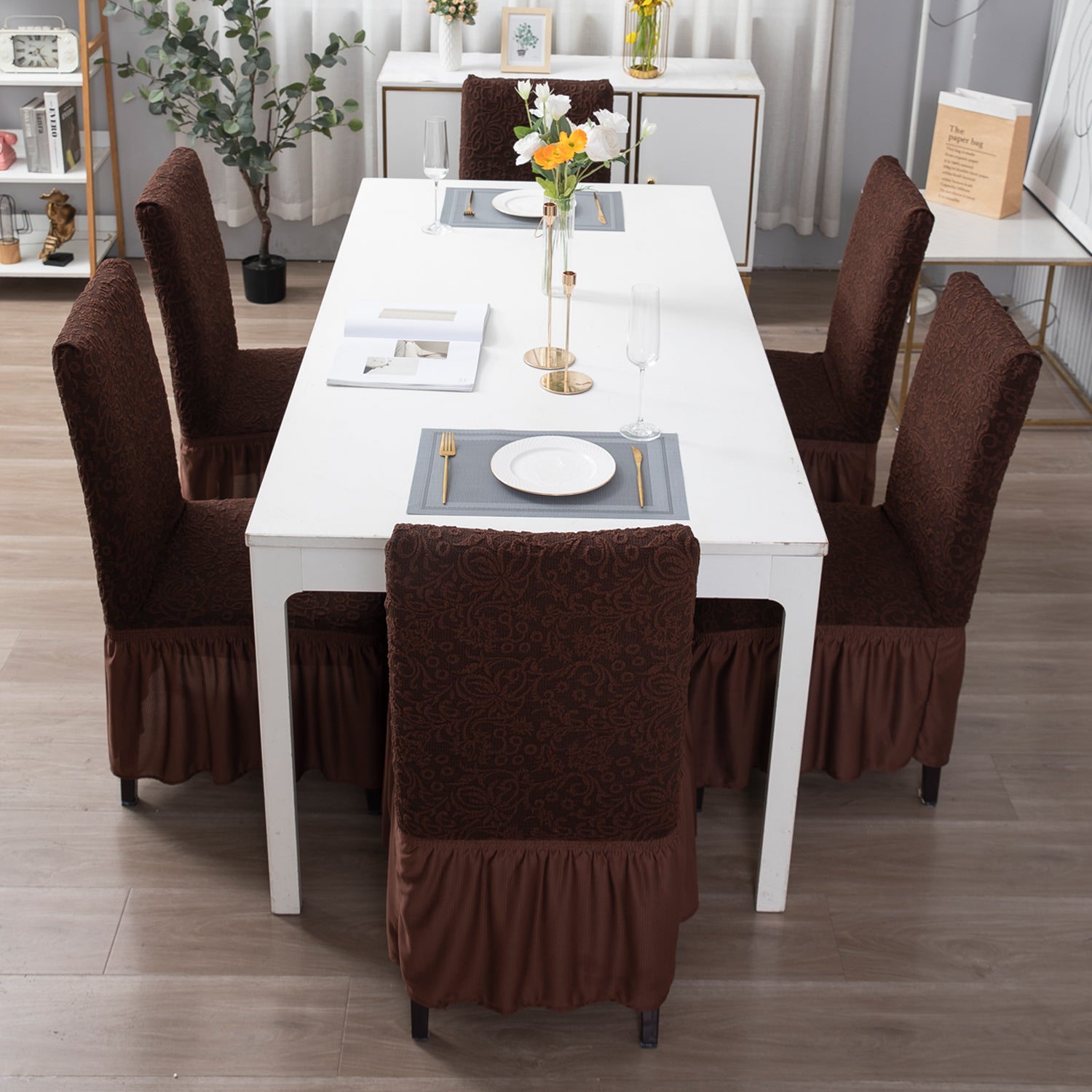 Elastic Stretchable Designer Woven Jacquard Dining Chair Cover with Frill, Pecan Brown