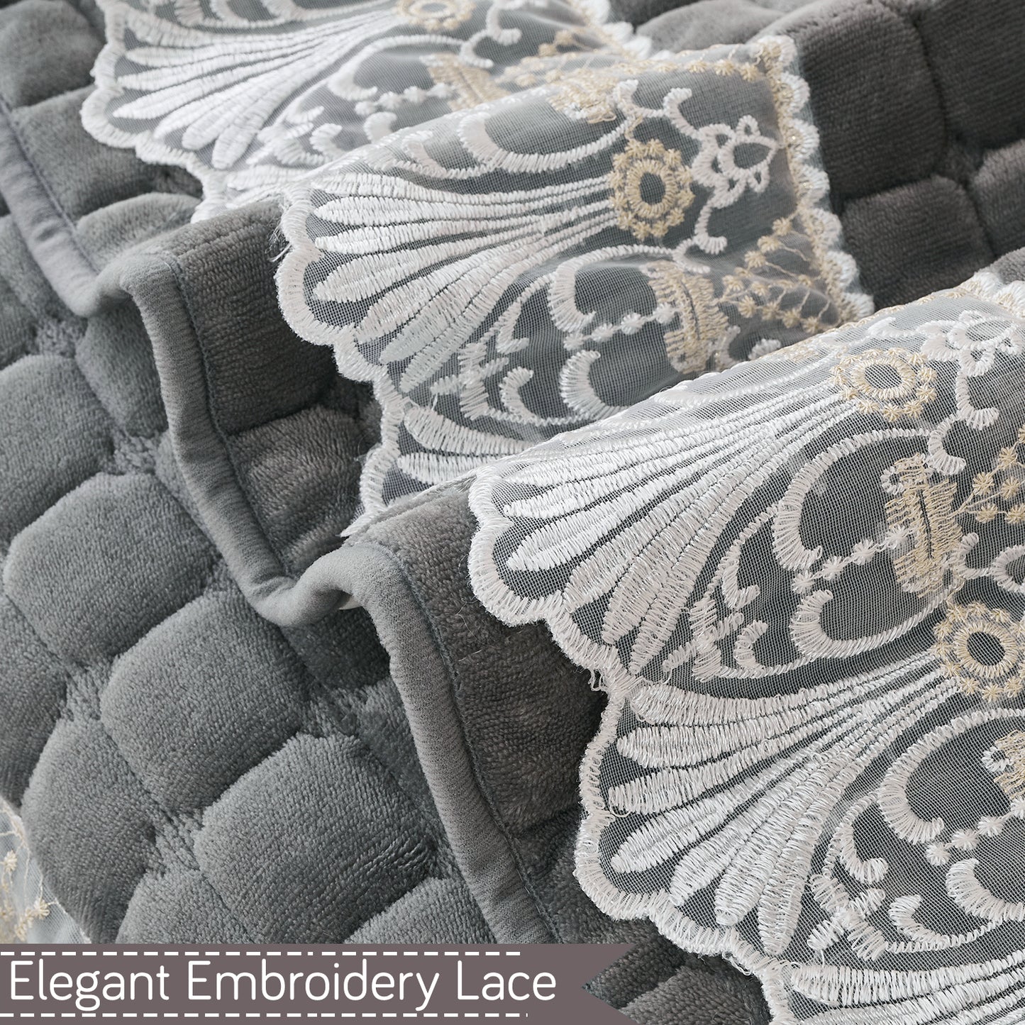 BelleLace Series Imperial Milk Velvet Sofa Cover Mat with Lace Design - Porpoise Grey