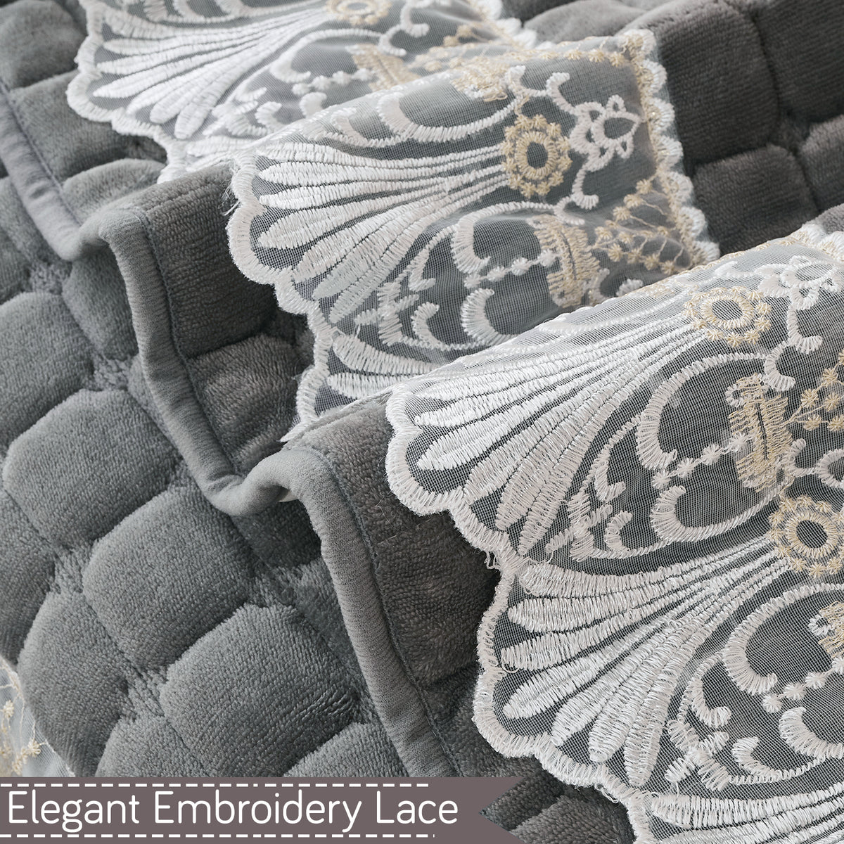 BelleLace Series Imperial Milk Velvet Sofa Cover Mat with Lace Design - Porpoise Grey