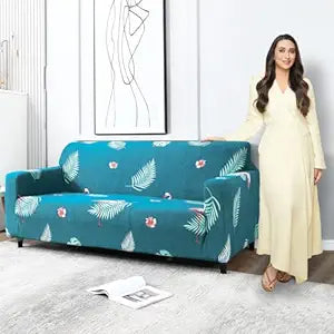Teal colour feather print elastic 3 seater sofa cover 