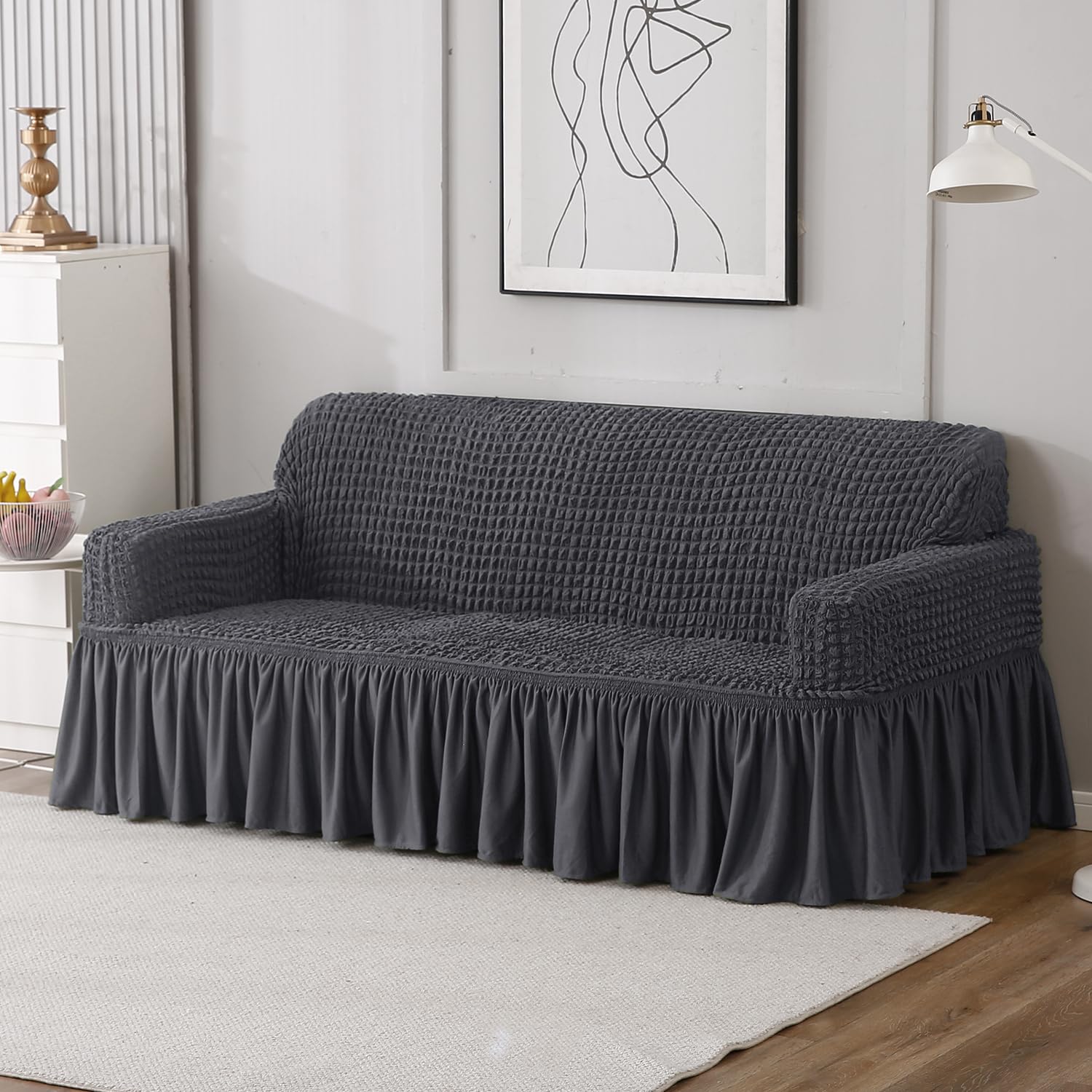 Anchor Grey Elastic Turkish Bubble Frill 3 seater sofa cover​