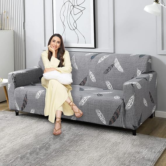Grey colour feather print non slip stretchable 3 seater sofa cover​ 