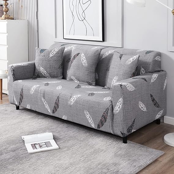 Grey colour feather print non slip stretchable three seater sofa cover​ 
