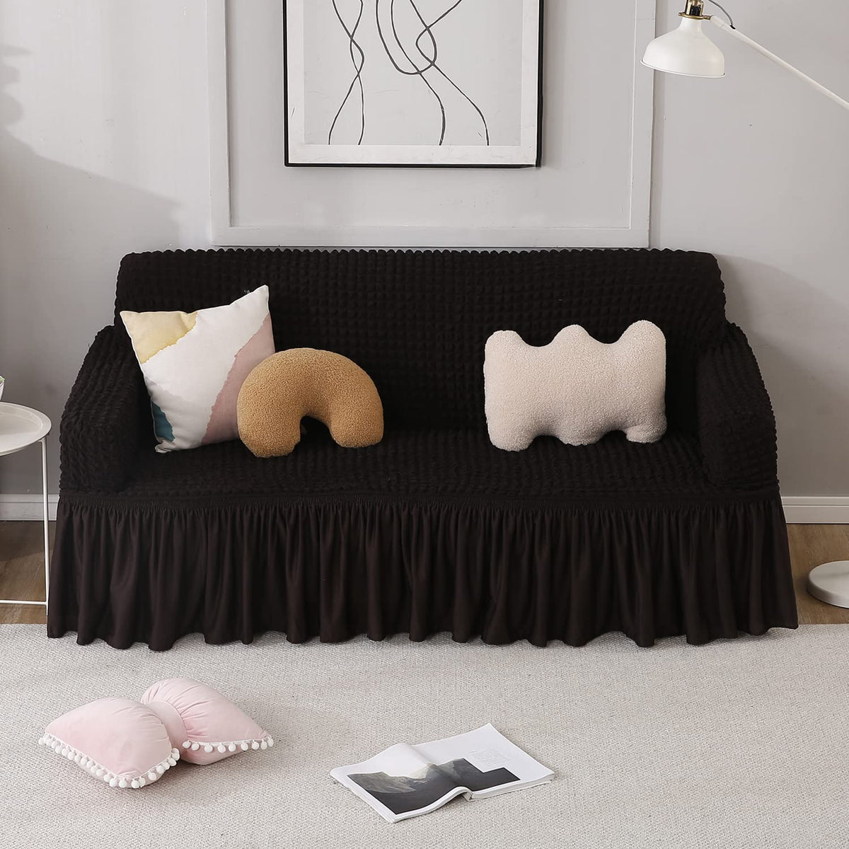 Dark Chocolate Stretchable Turkish Bubble three seater frill sofa cover​