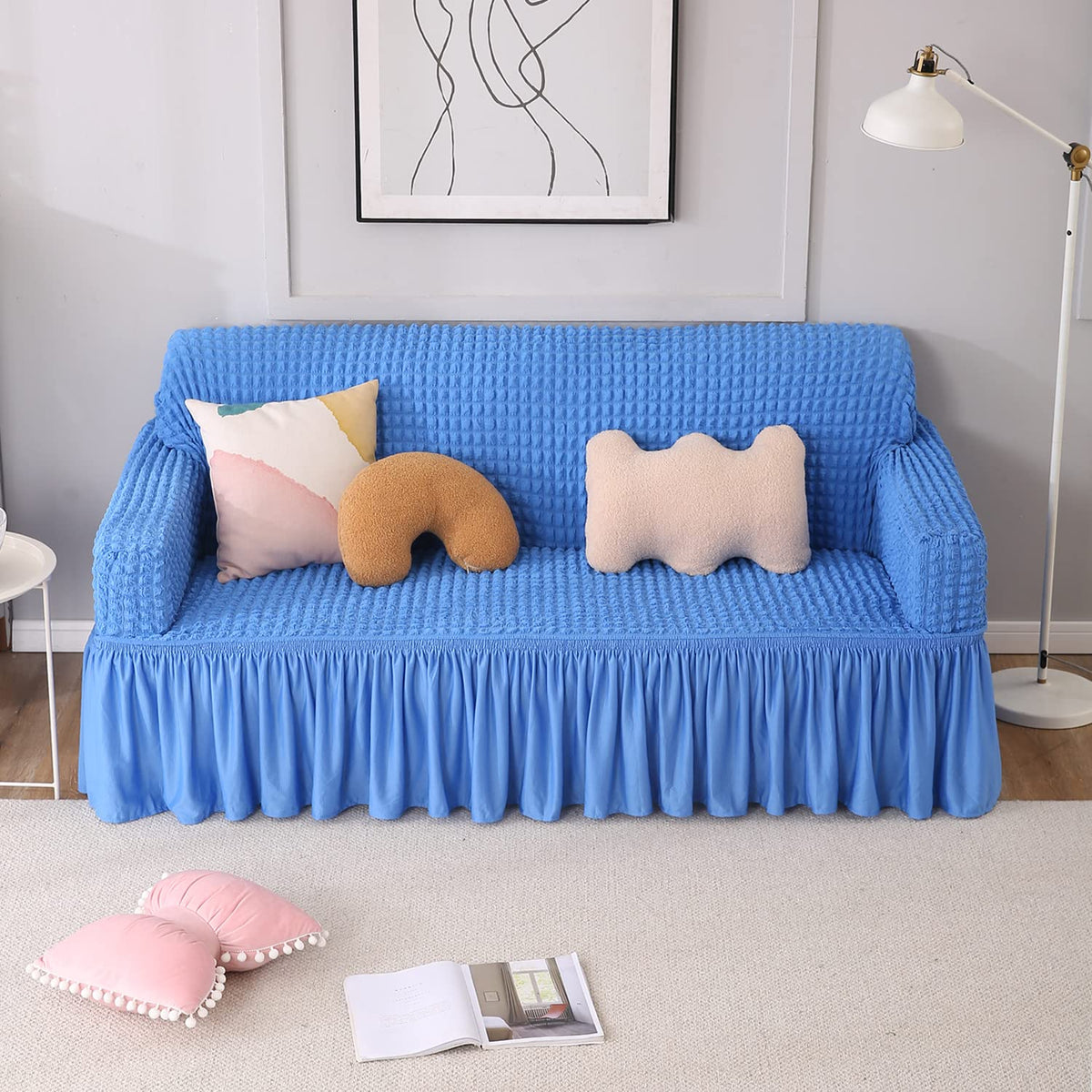 Sky Blue Stretchable Turkish Bubble three seater frill sofa cover​