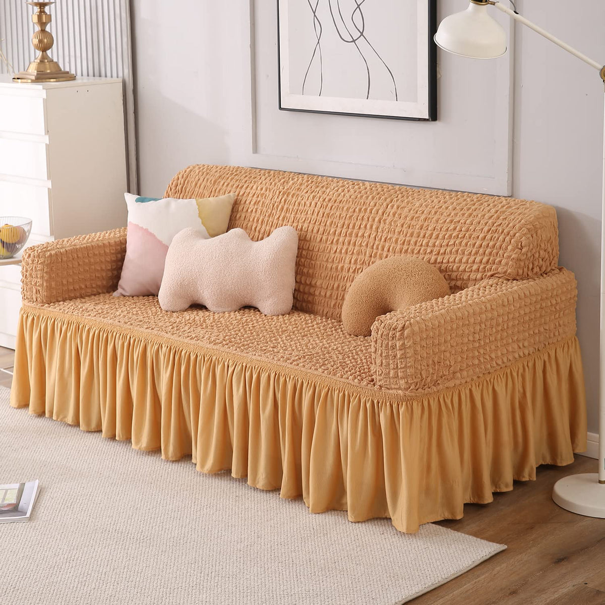 Light Brown 3 seater Elastic Turkish Bubble Frilled sofa cover​ set