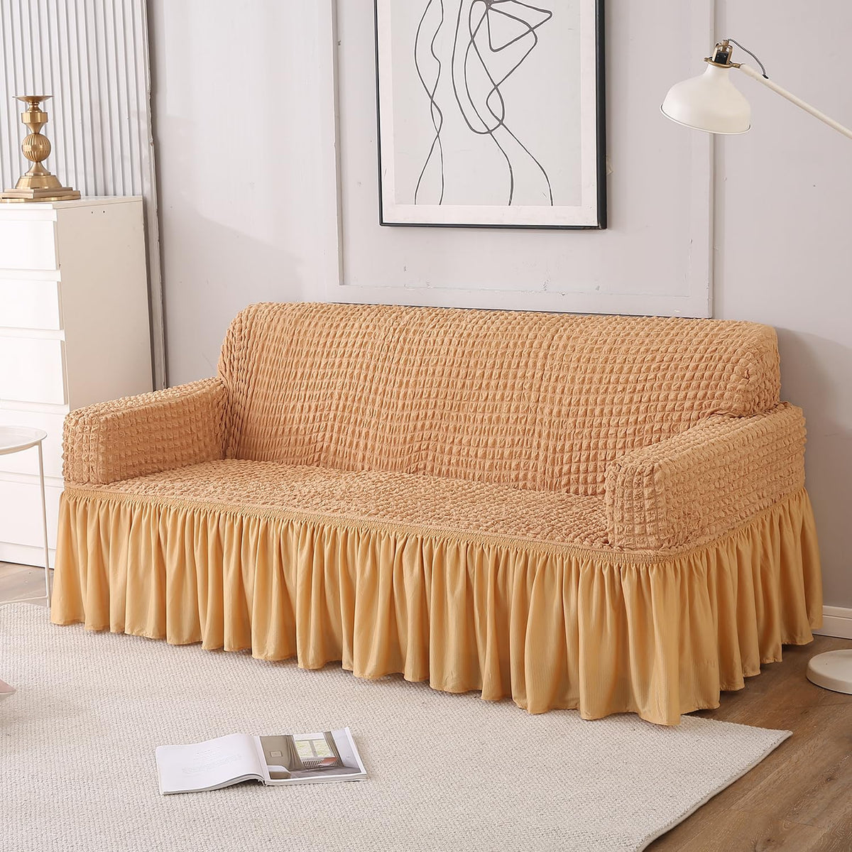 Light Brown 3 seater stretchable Turkish Bubble Frilled sofa cover​ set