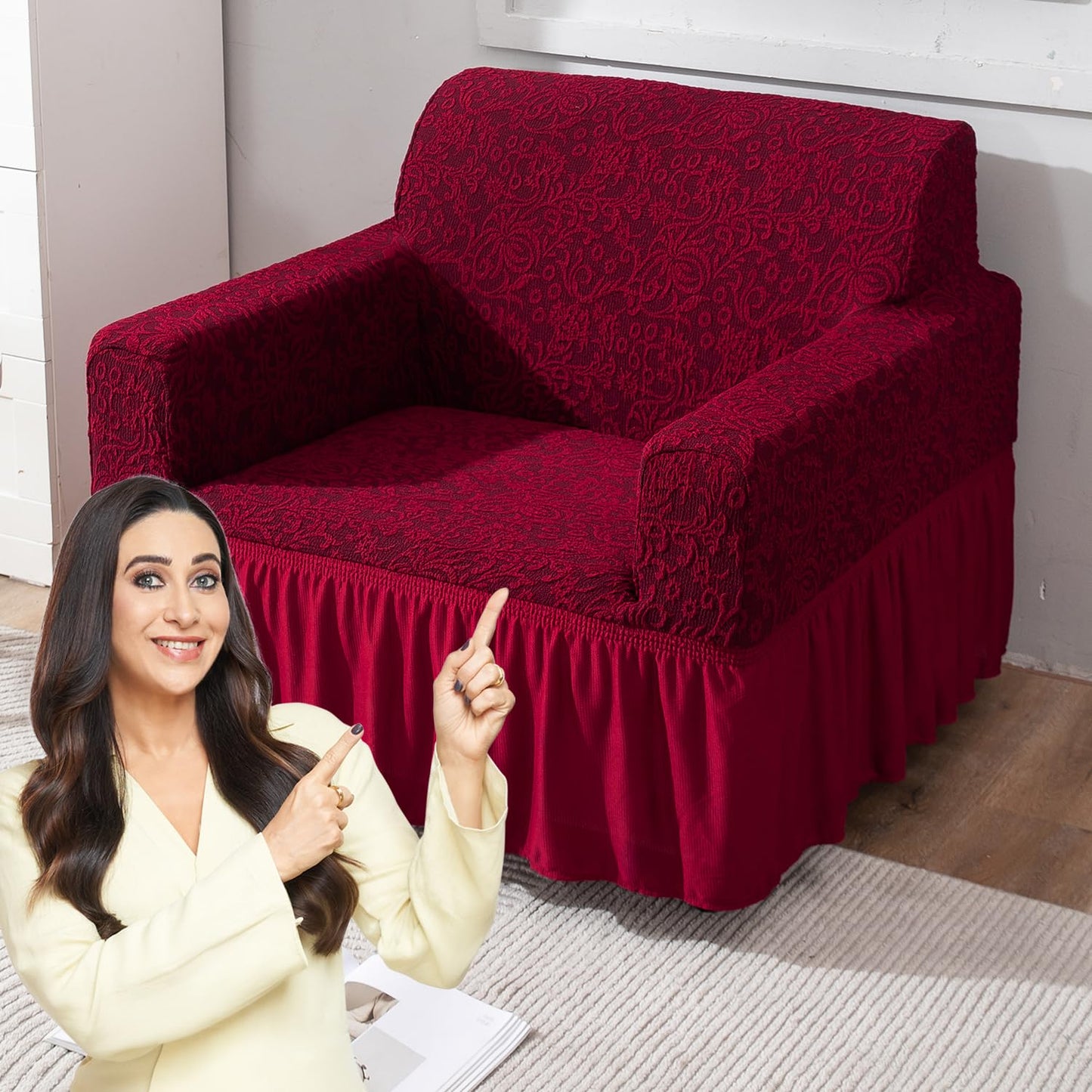 Elastic Stretchable Designer Woven Jacquard Sofa Cover with Frill, Wine Red