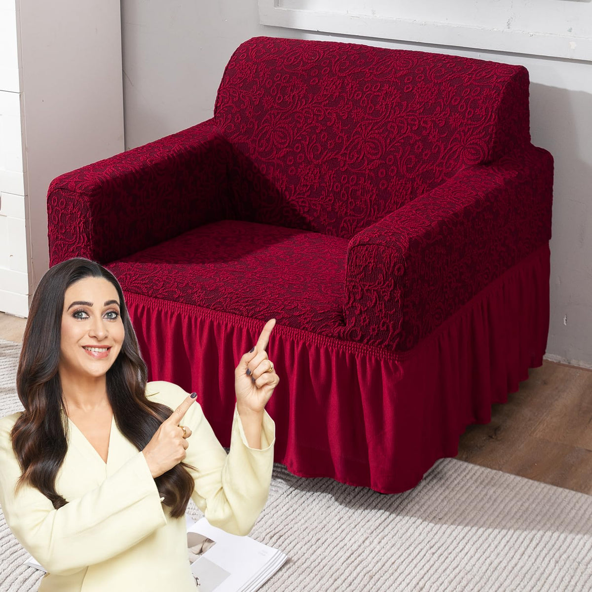Elastic Stretchable Designer Woven Jacquard Sofa Cover with Frill, Wine Red