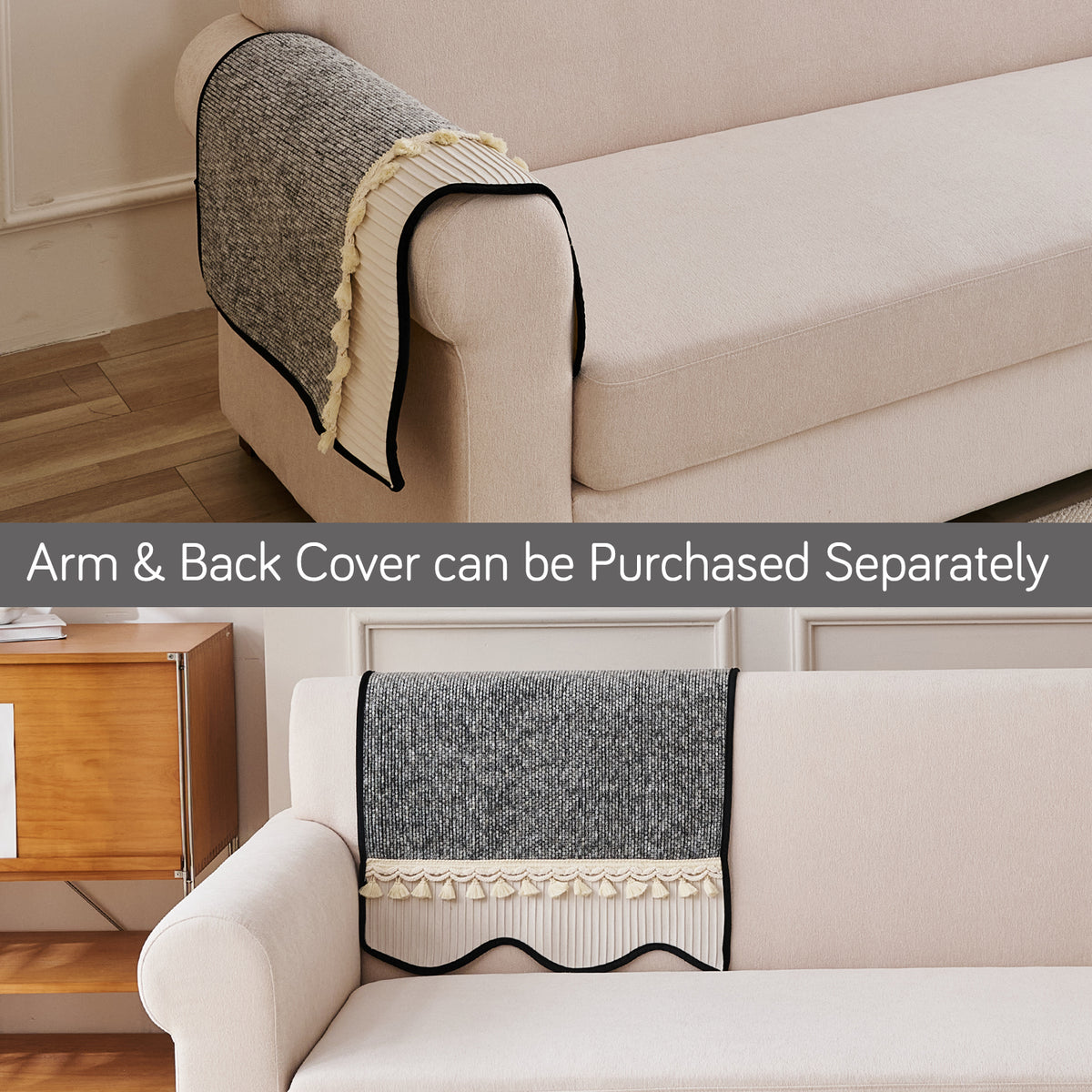'Wavy Royale Series' Thick Woven Weave Chenille Sofa Cover with Tassel, Moon Grey