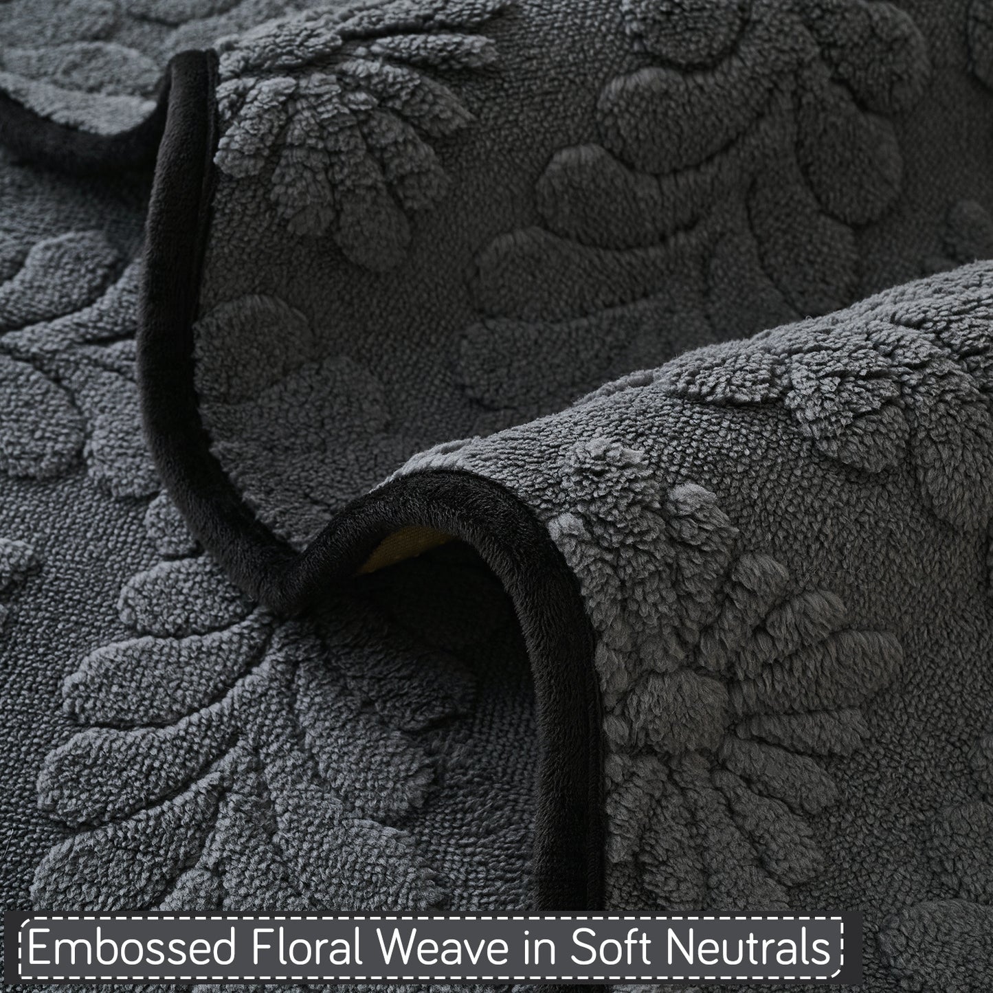 Embossed Floral Jacquard Anti-Slip Sofa Cover Mat, 'Wavy Petal Crest Series' Charcoal Grey