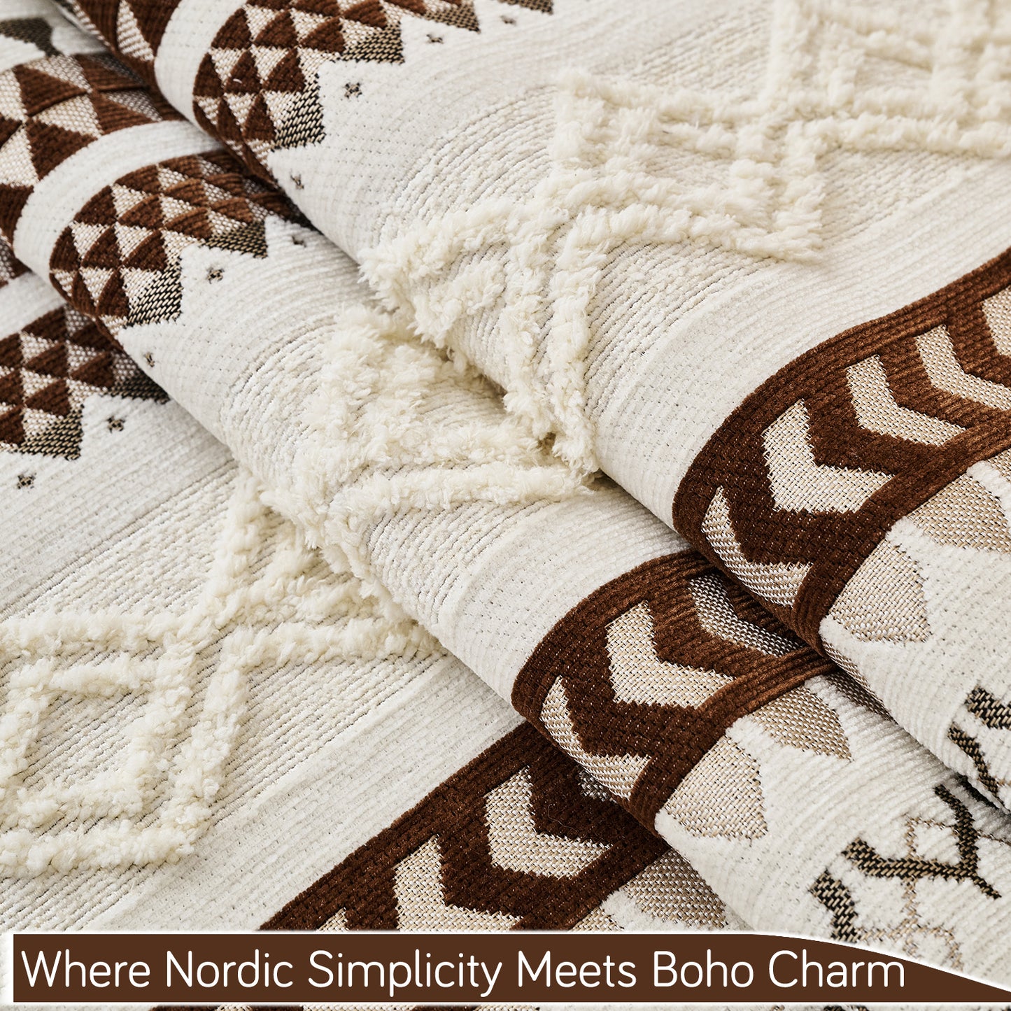 Nordic Boho Geometric Sofa Cover Mat with Tassel, 'Nordic Tassel Series'  Chocolate Brown