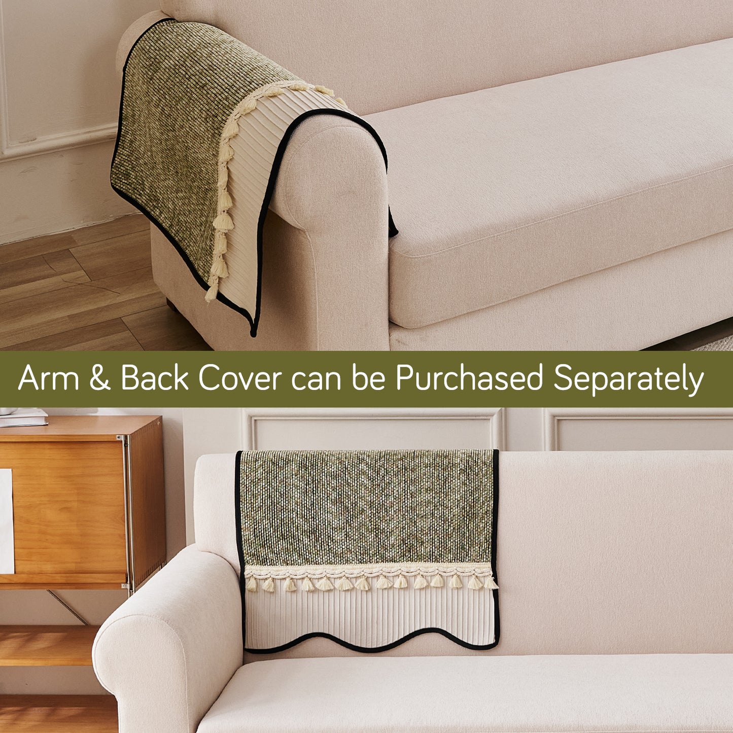 Thick Woven Weave Chenille Sofa Cover with Tassel|'Wavy Royale Series' Sage Green