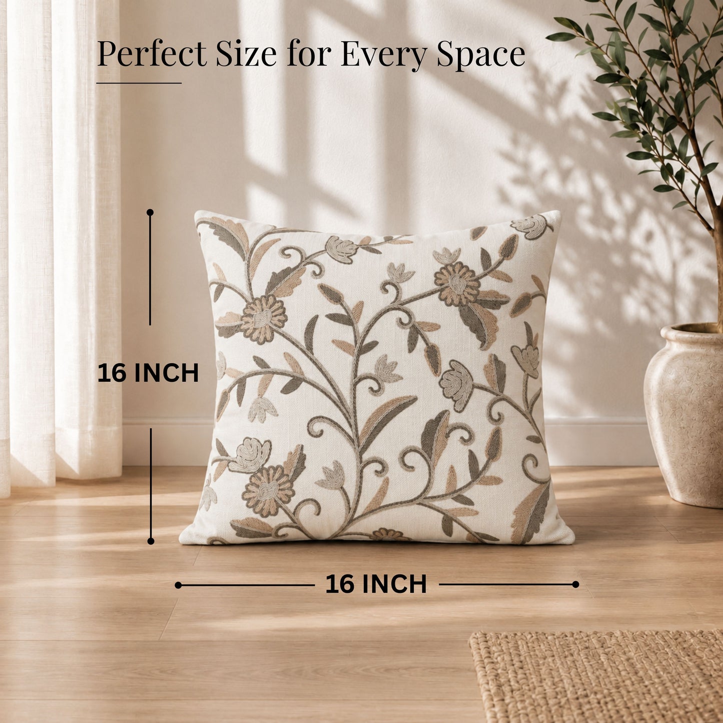 HOKIPO Floral Embroidered Cushion Cover in, Beige & Ivory