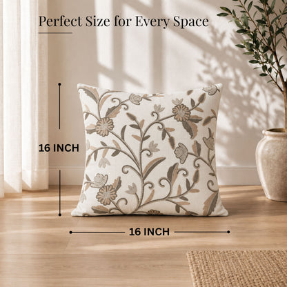 HOKIPO Floral Embroidered Cushion Cover in, Beige & Ivory