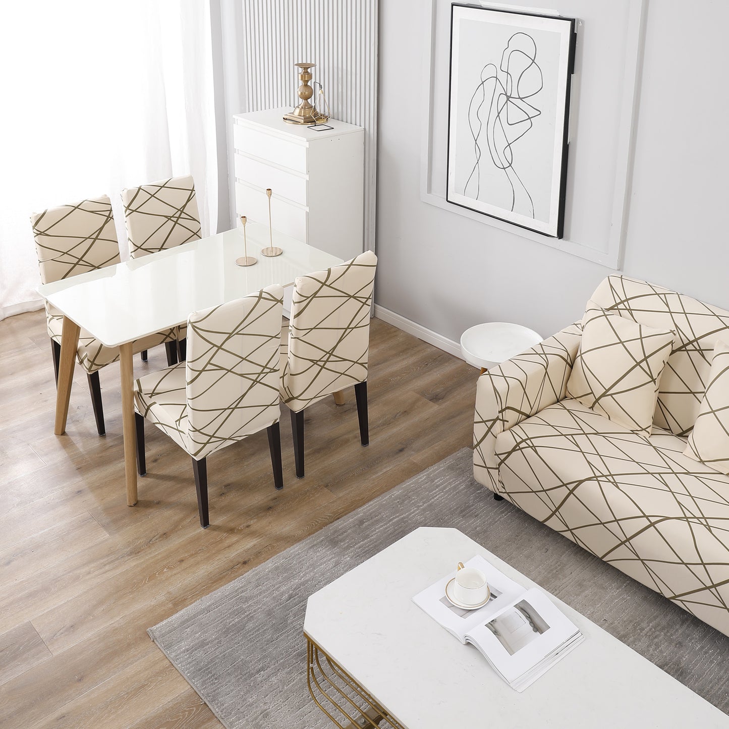 Buy Beige Abstarct Lines Colour Matching elastic covers for chairs and sofas