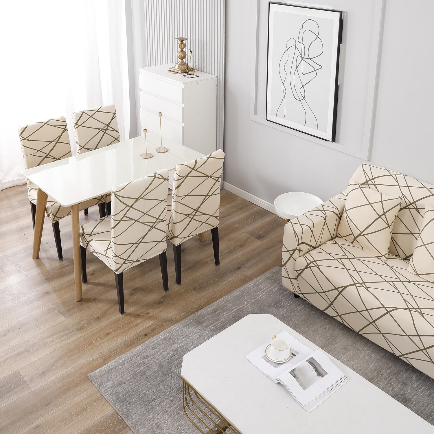 Buy Beige Abstarct Lines Colour Matching elastic covers for chairs and sofas