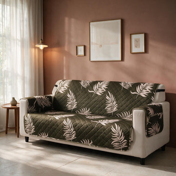 Quilted Waterproof Sofa Cover Mat with Pockets on Armrest Cover - Palm Leaves Olive