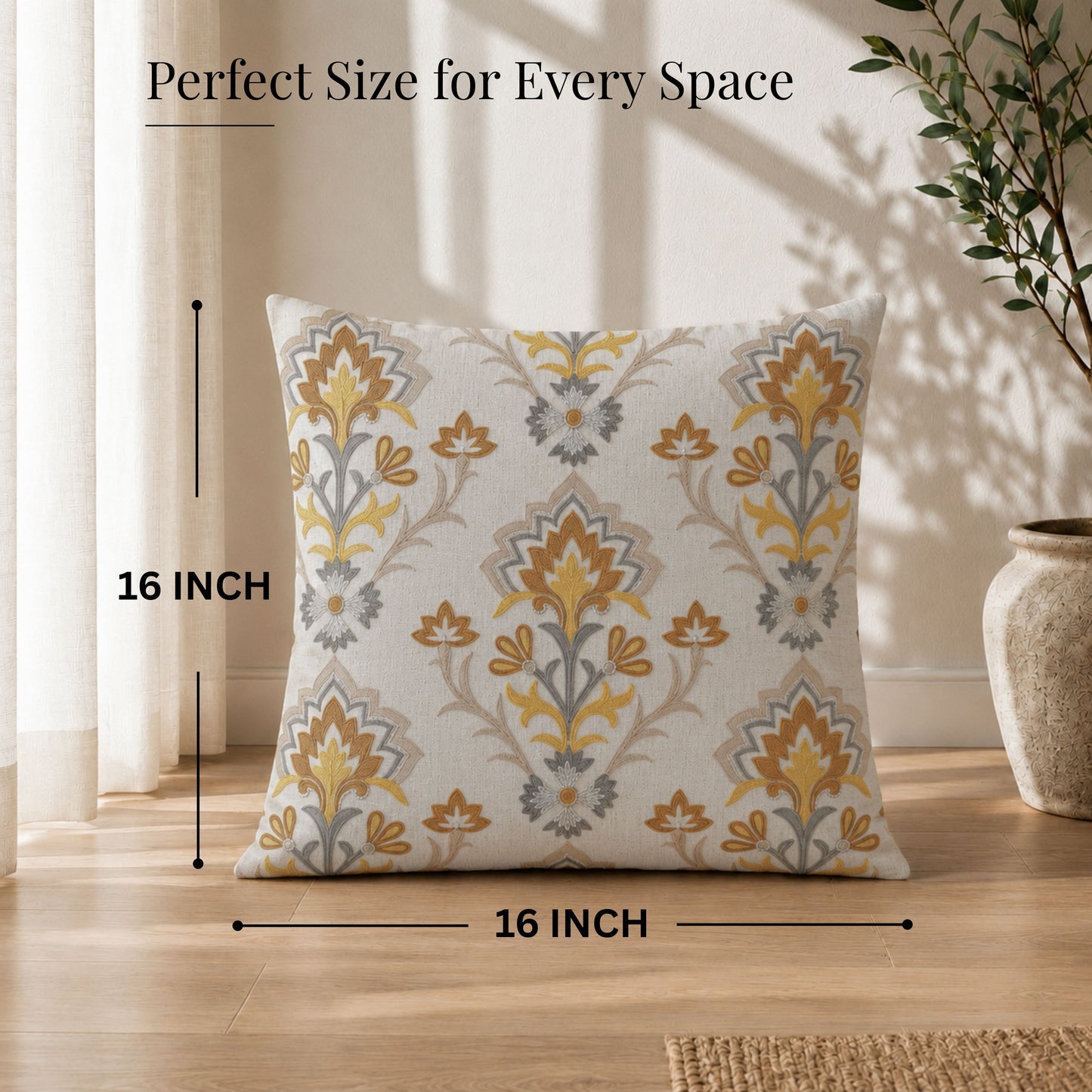 HOKIPO Heritage Bloom Embroidered Cushion Cover 16x16 in, Mustard & Ivory