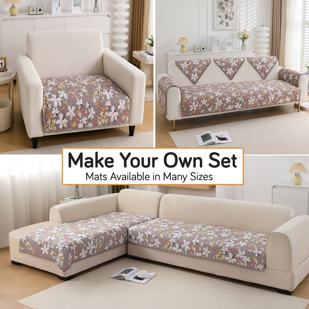 'Homehues' Printed Quilted Sofa Cover Mats, Pastel Brown Sandwort Flower