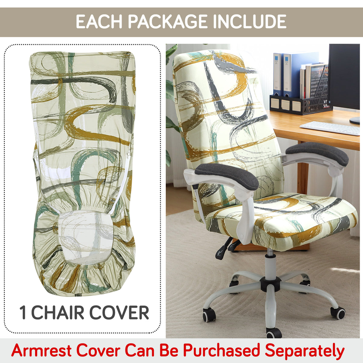 Printed Office Chair Cover for Executive Chair (High-Back) – 140 GSM Stretchable Fabric – Washable & Anti-Slip – Fits Big & Tall Office Chairs, Parchement Beige Abstract Art