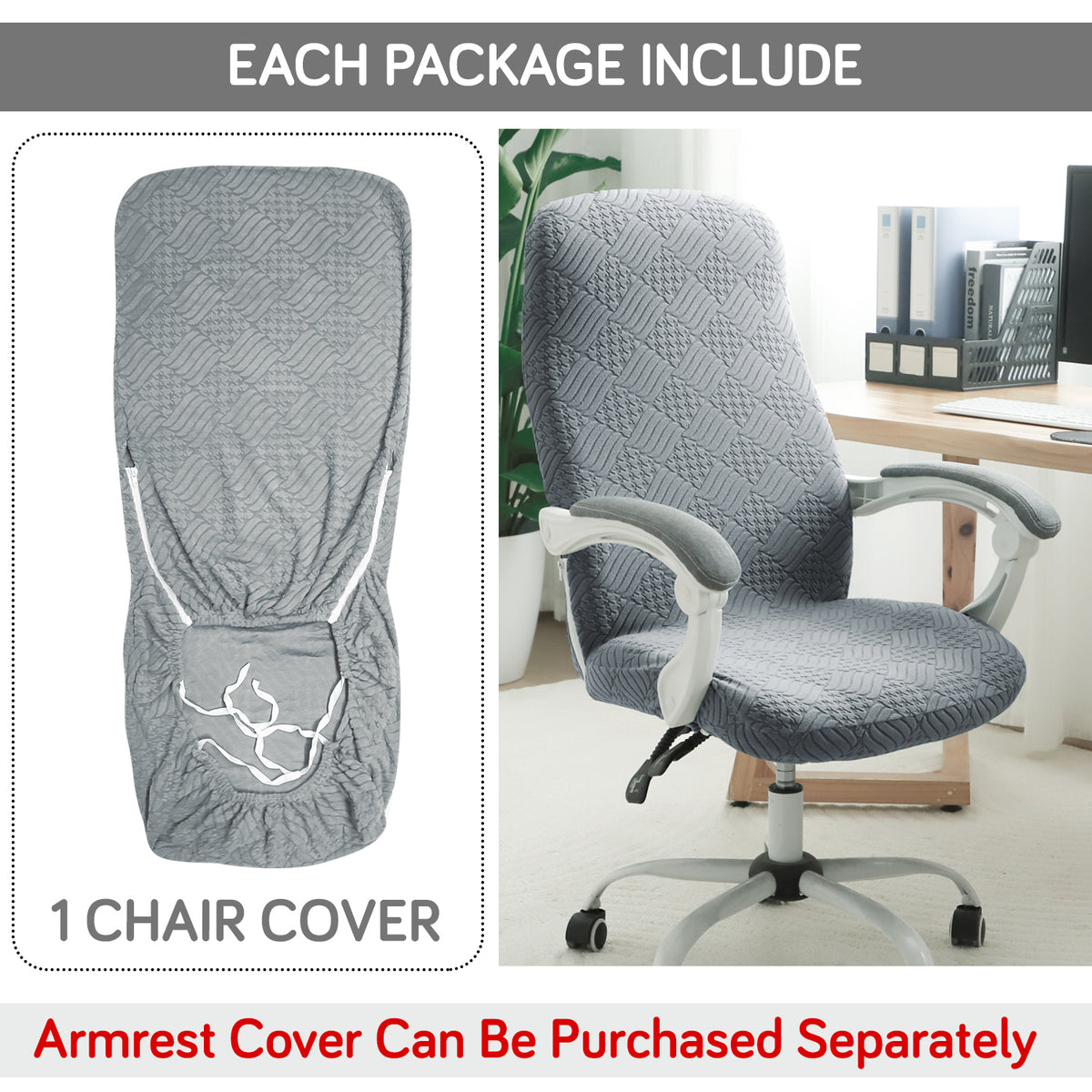 Office Chair Cover for Desk Chair (Mid-Back) – 170 GSM Stretch Jacquard – Washable, Durable & Anti-Slip – Fits Mid-Back Office Chairs, Light Grey