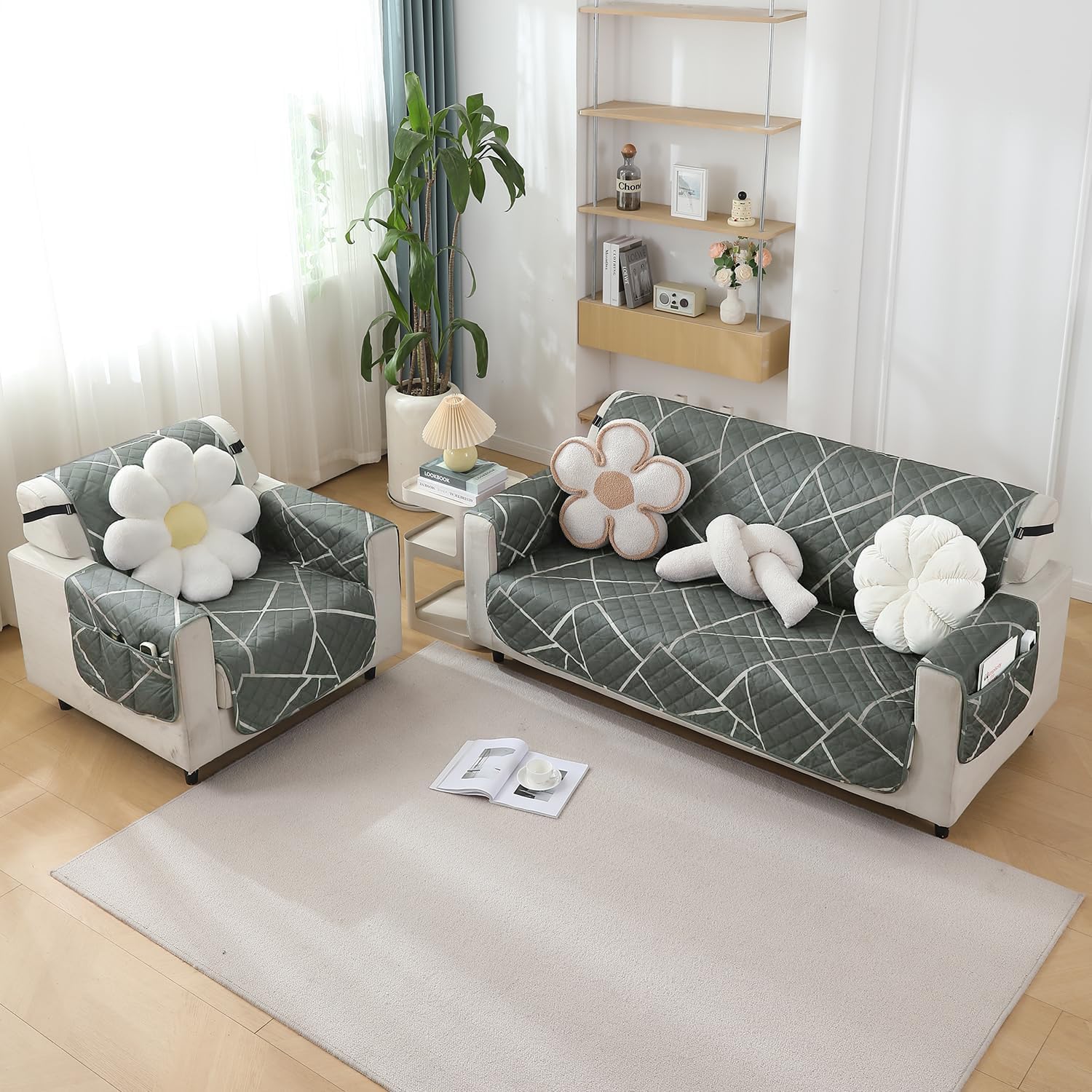 Abstract Geometric Shadow Grey print quilted waterproof sofa cover set available for 1, 2 & 3  seater sofas