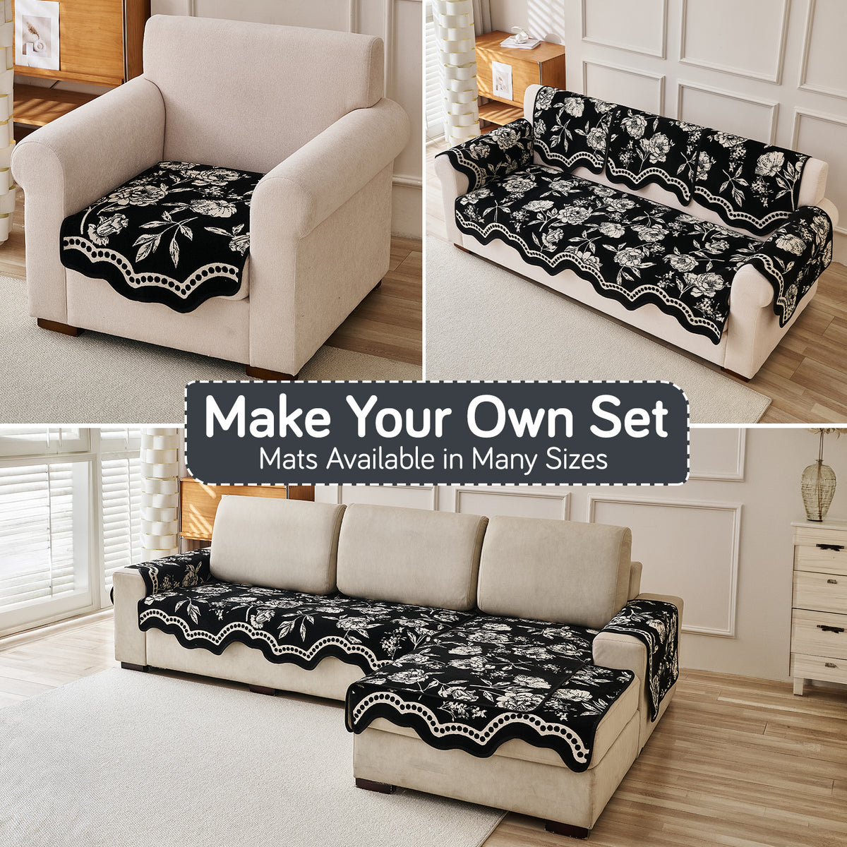 Chenille Sofa Cover Mat with Curvy Edges, 'Retro Curves Series' Sofa Mat, Classic Black