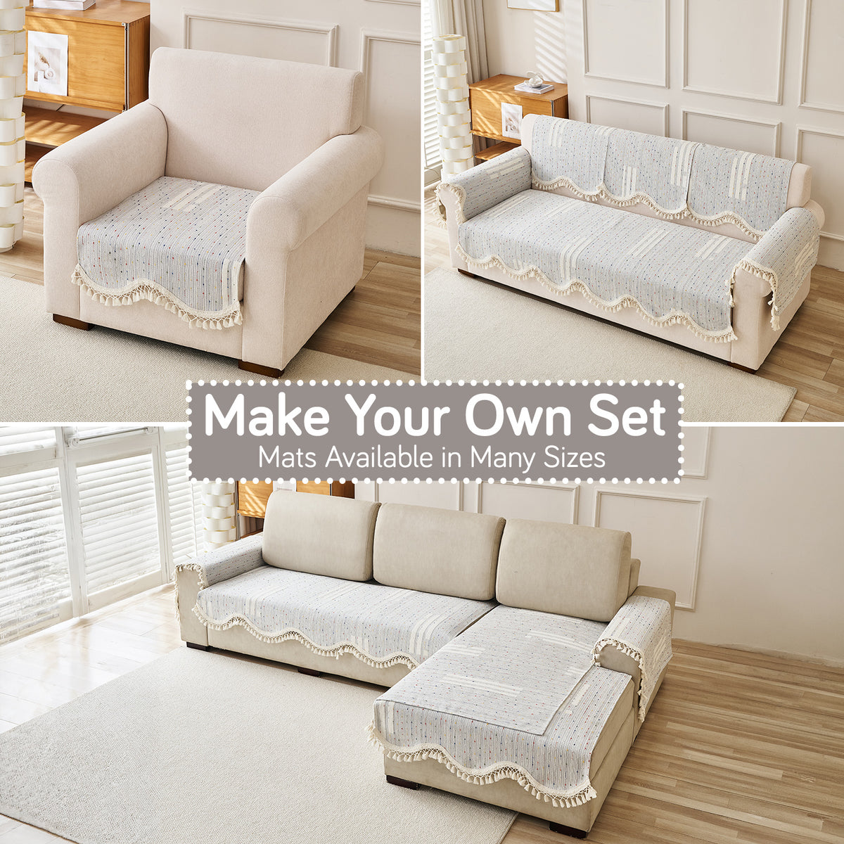DreamWave Chenille with Tassels Sofa Cover Mat, Pearl Grey