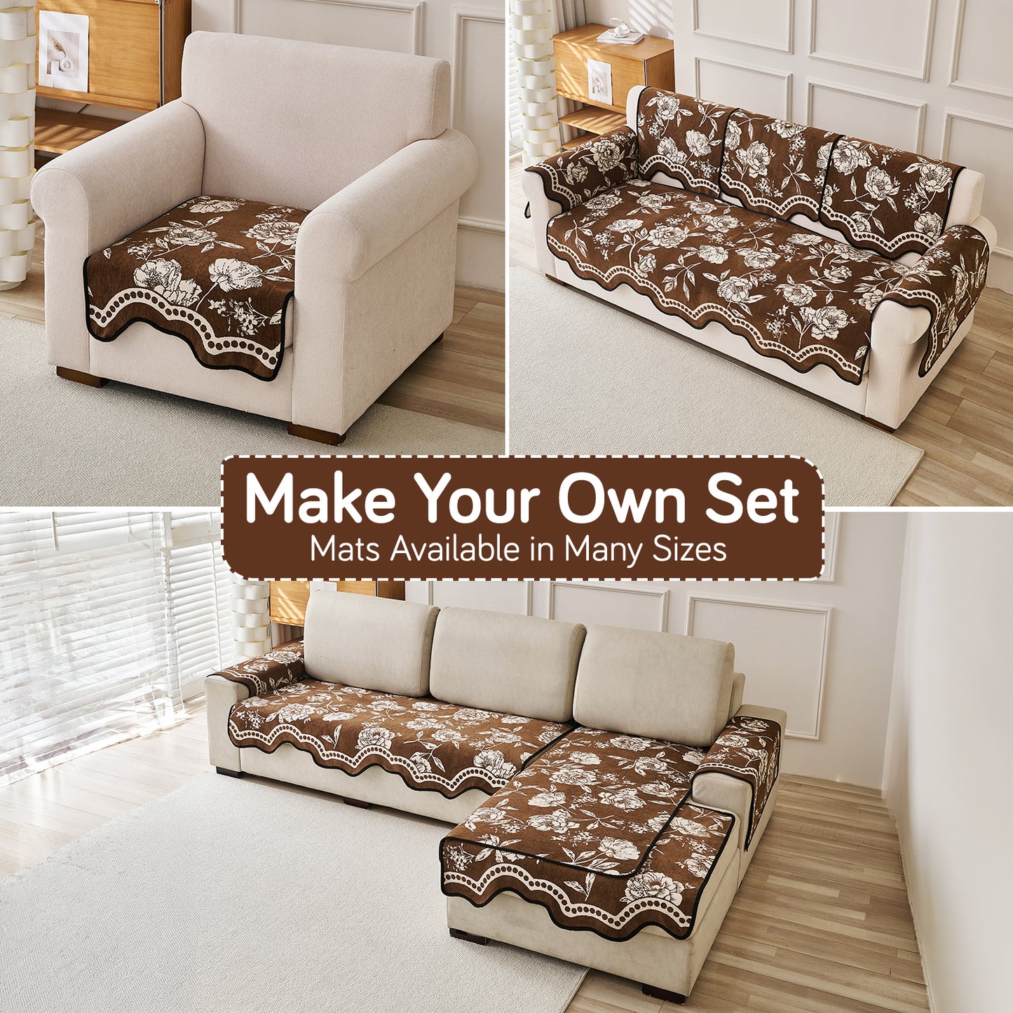Chenille Sofa Cover Mat with Curvy Edges, 'Retro Curves Series' Sofa Mat, Walnut Brown