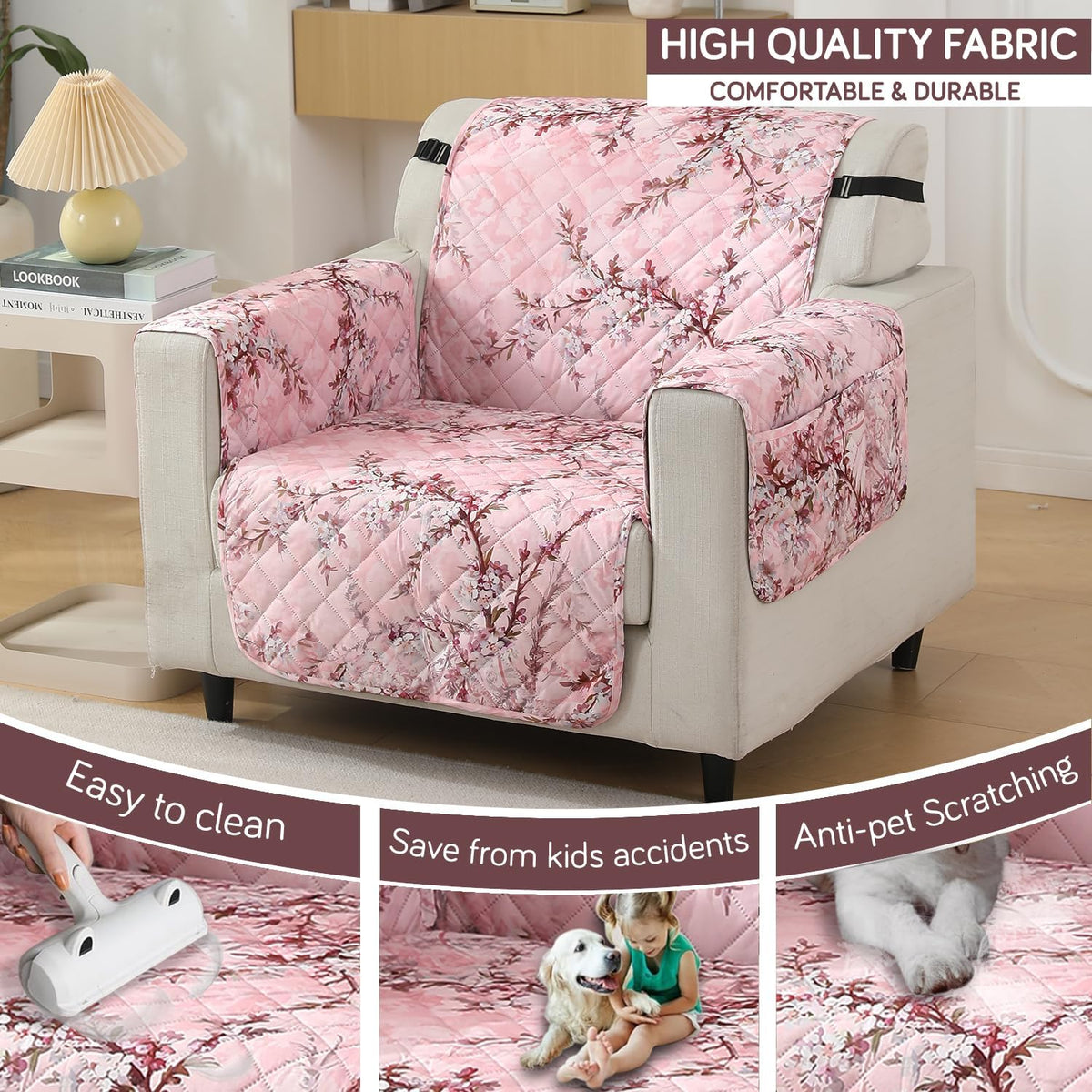 Blossom Flower Pink print 1 seater quilted waterproof sofa mat | Hokipo