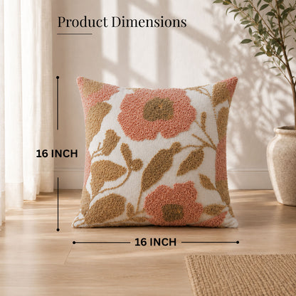 HOKIPO Abstract Floral Tufted Cushion Cover 16x16 Inch for Sofa, Pink & Beige