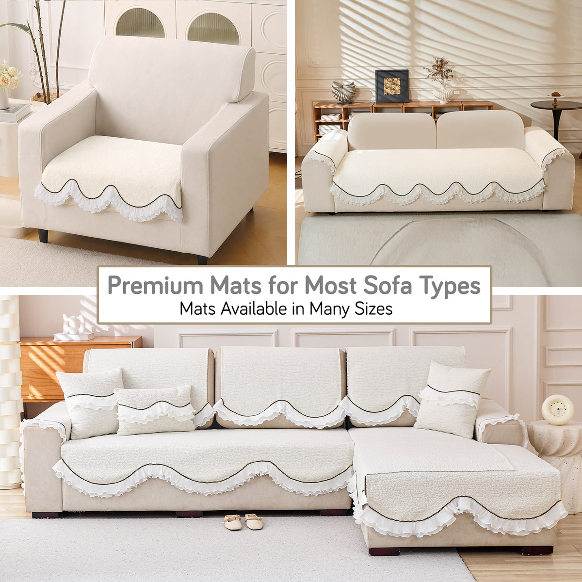 French Classic Frill Wavy Sofa Cover Mat, Snow White Ivory