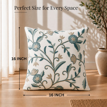 HOKIPO Floral Embroidered Cushion Cover 16x16 in, Teal & Beige