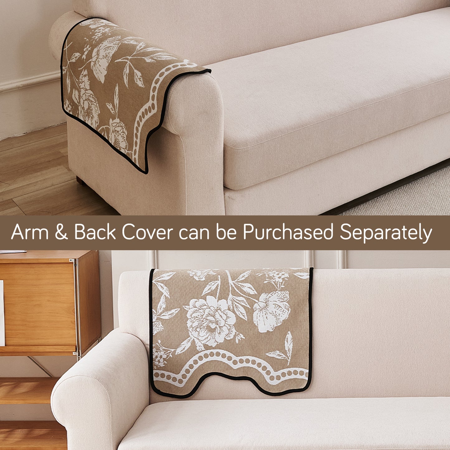 Chenille Sofa Cover Mat with Curvy Edges, 'Retro Curves Series' Sofa Mat, Sand Beige