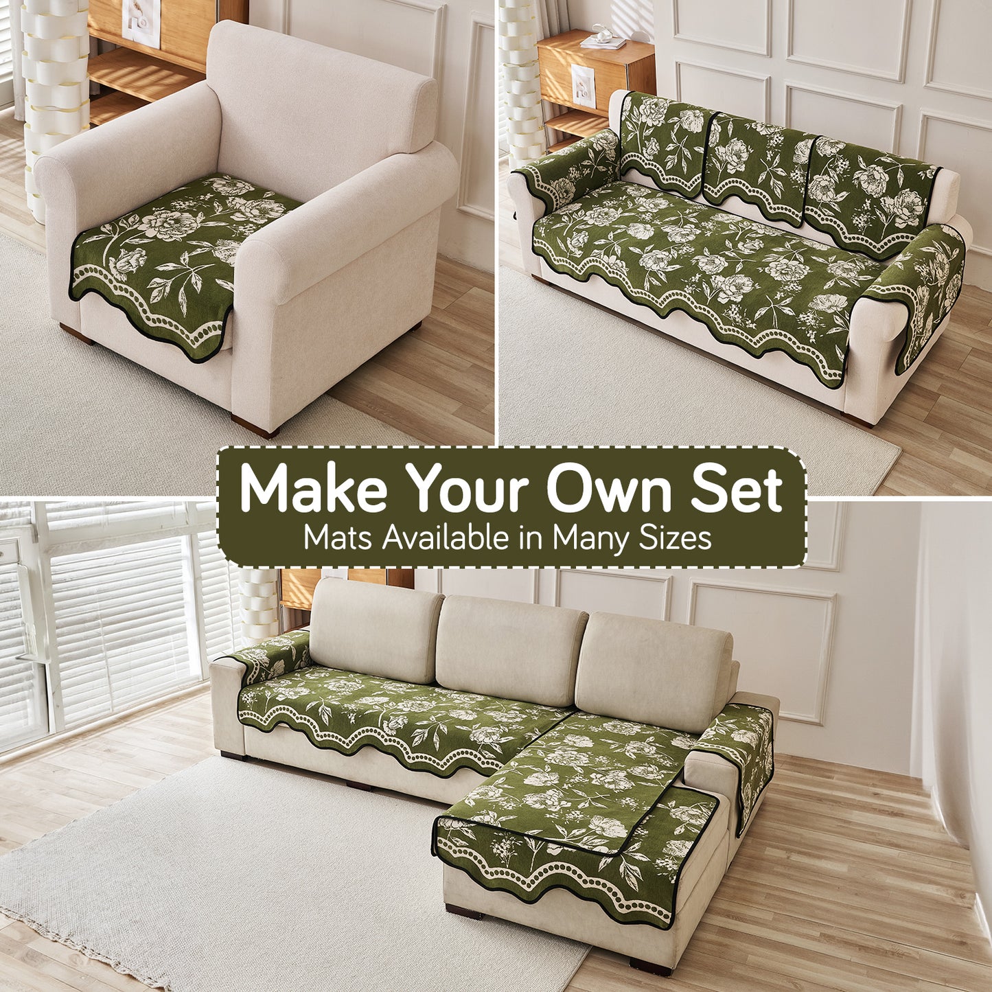 Chenille Sofa Cover Mat with Curvy Edges, 'Retro Curves Series' Sofa Mat, Olive Green
