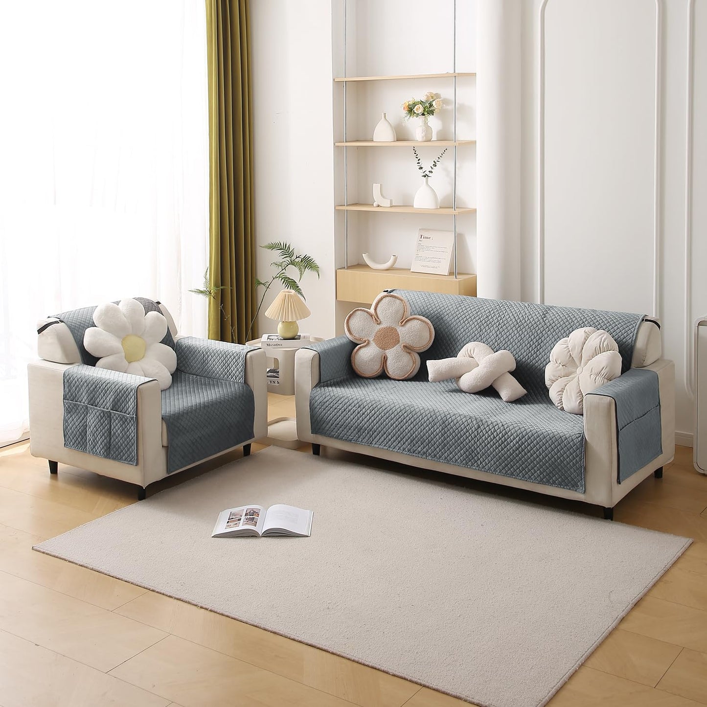 Quilted Velvet Sofa Cover Mat with Side Pockets, Pet Friendly, Fossil Grey