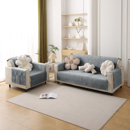 Quilted Velvet Sofa Cover Mat with Side Pockets, Pet Friendly, Fossil Grey