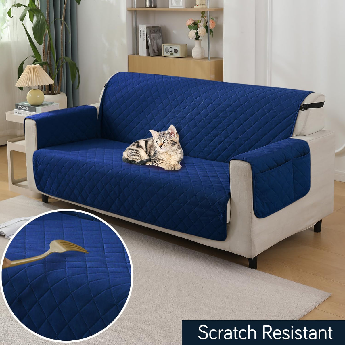 Navy Blue colour three seater quilted waterproof sofa cover | Hokipo