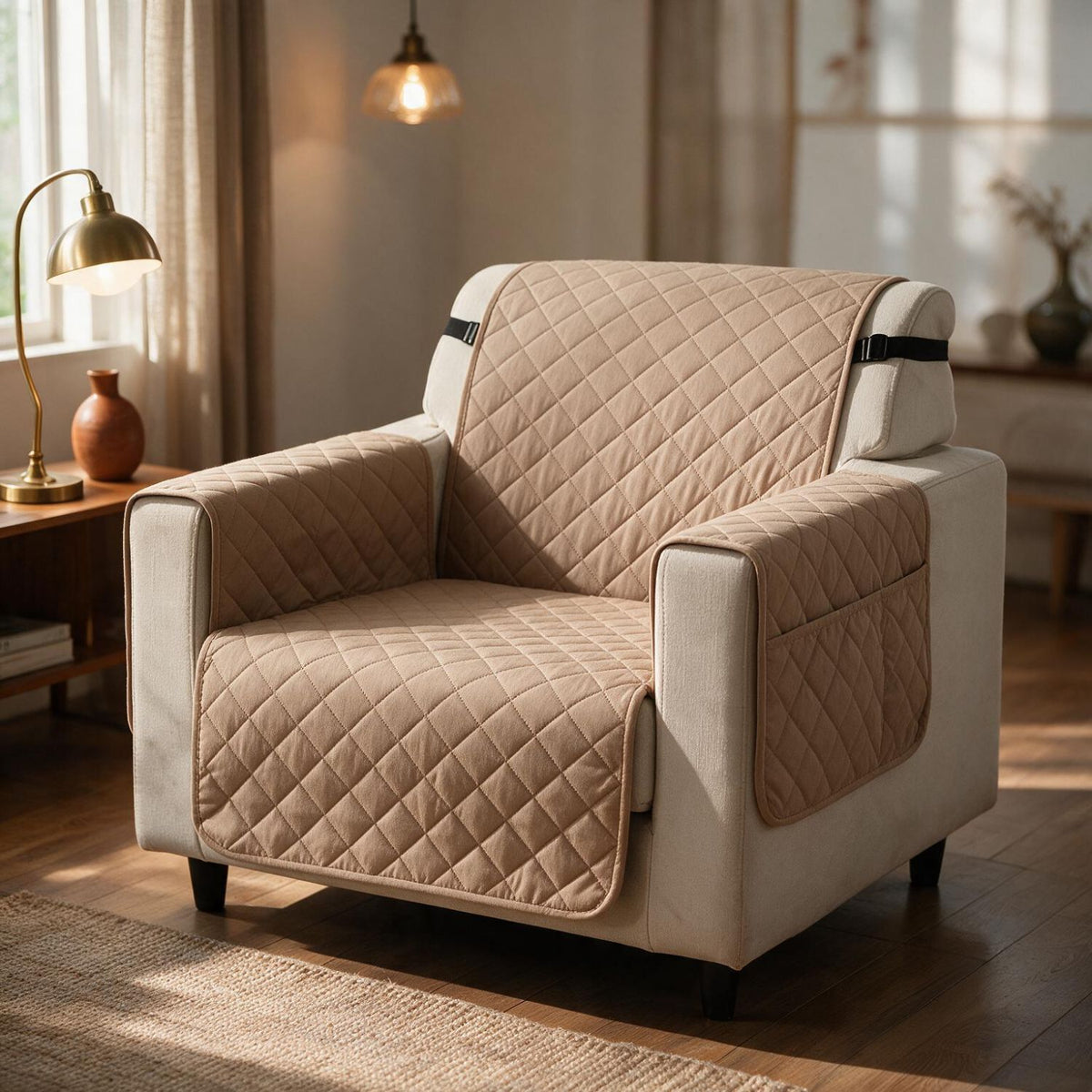 Quilted Waterproof Sofa Cover Mat with Pockets on Armrest Cover -  Beige
